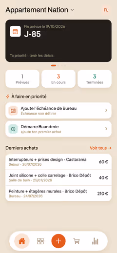 Écran d'accueil de Briquera : compte à rebours J-85 avant la fin prévue du chantier, 3 pièces en cours, et la liste des derniers achats avec leur pièce et leur montant.