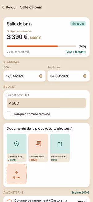 Détail d'une pièce dans Briquera : budget de la salle de bain, liste d'achats prévus avec leur prix estimé, et achats déjà réalisés.