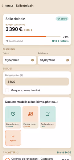 Détail d'une pièce dans Briquera : budget de la salle de bain, achats prévus avec leur prix estimé, et achats déjà réalisés.