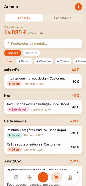 Liste des achats dans Briquera : chaque ligne porte l'enseigne, la pièce concernée, la date et le montant.