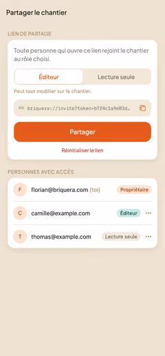 Écran de partage de Briquera : personnes invitées sur le chantier avec leur rôle.
